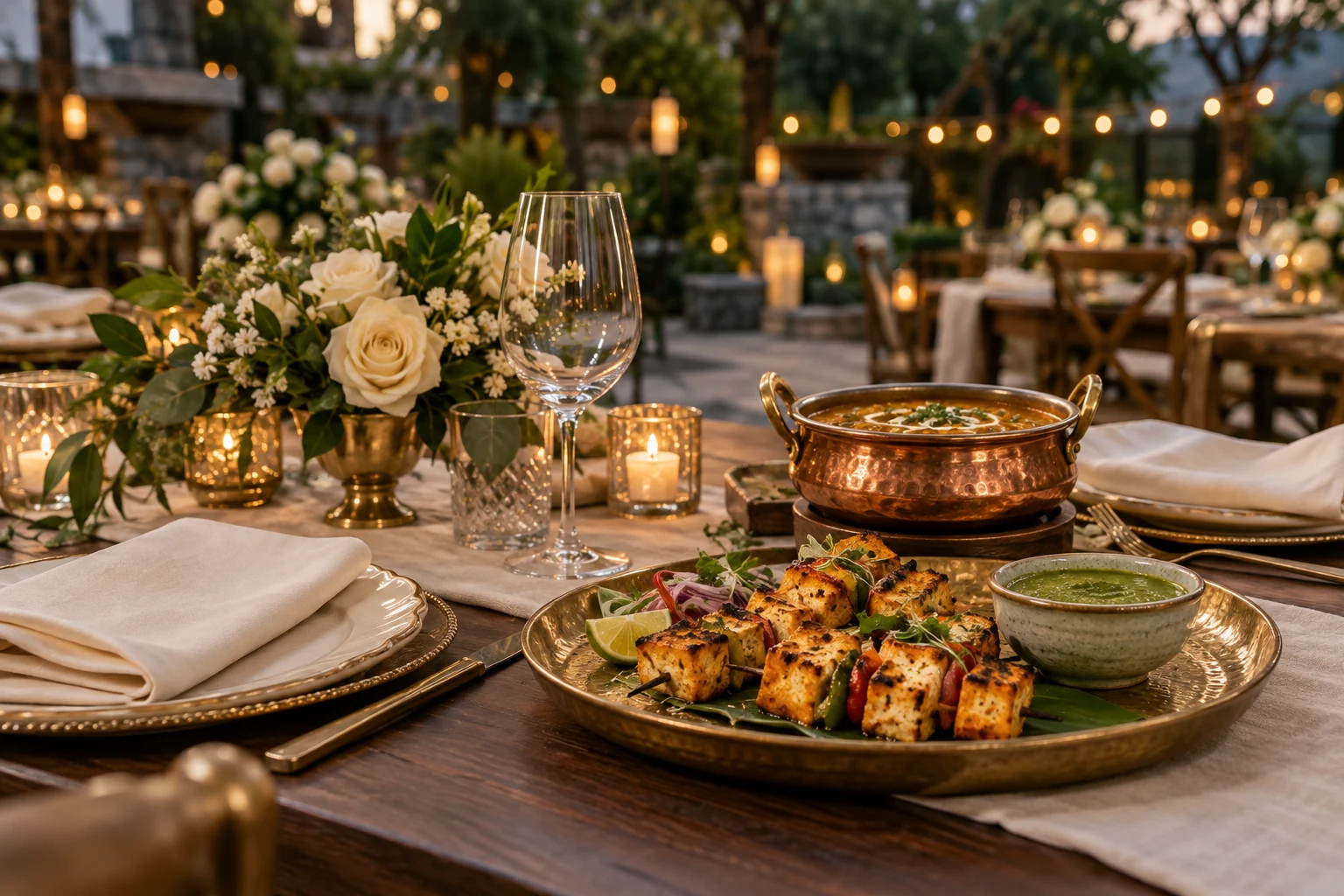 Illustrative Indian wedding meal in a garden dining setting