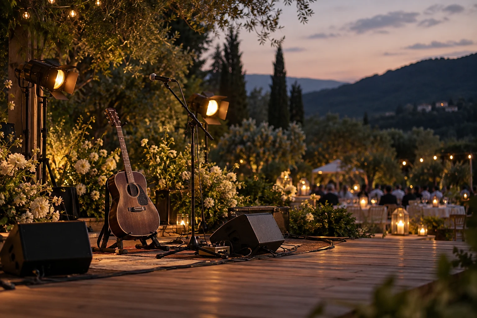 Illustrative acoustic performance setup for a garden wedding