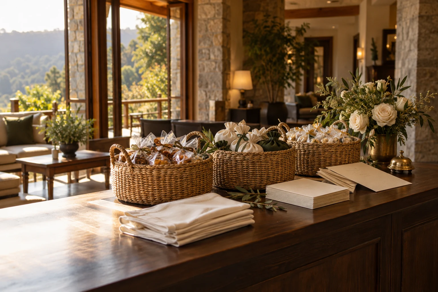 Illustrative wedding welcome baskets in a resort lobby