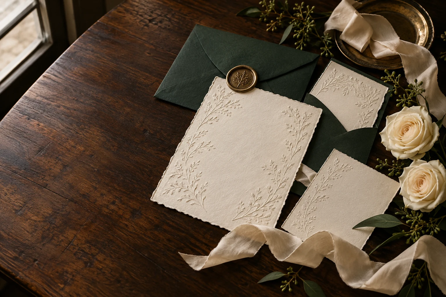 Illustrative ivory wedding stationery with green envelopes and wax seals
