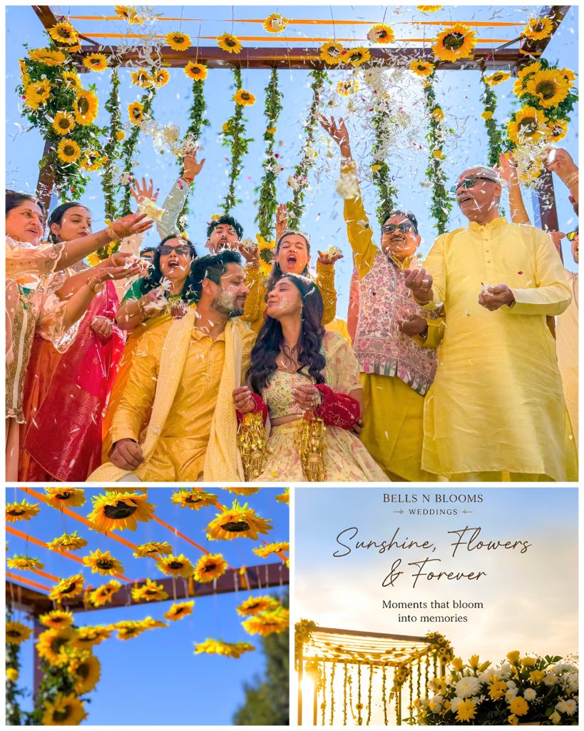 Collage of sunflower haldi decor and family celebrations for Pragati and Anurag