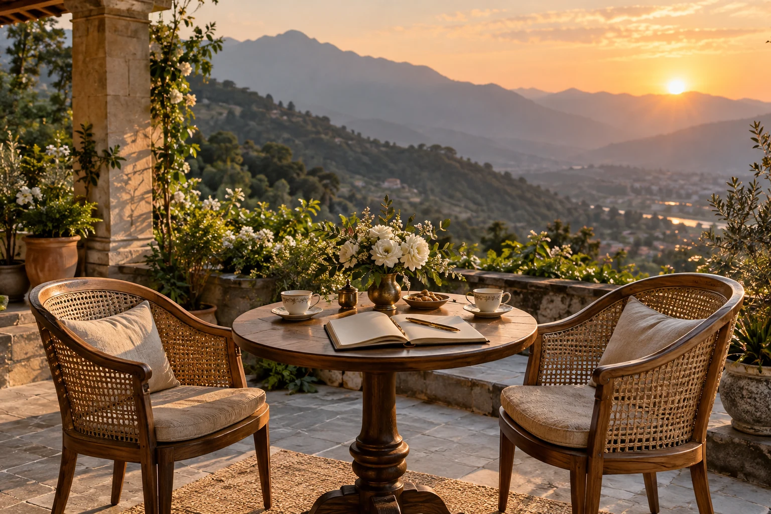 Illustrative mountain-view wedding consultation setting with tea, a planning notebook and Himalayan foothills.