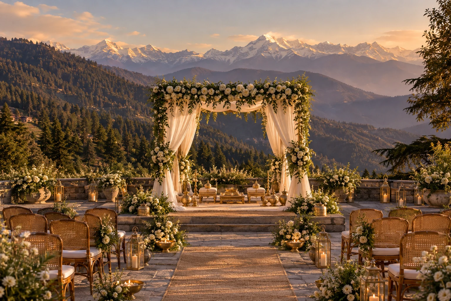 Illustrative ivory wedding mandap on a mountain terrace with forested Uttarakhand hills and distant Himalayan peaks.