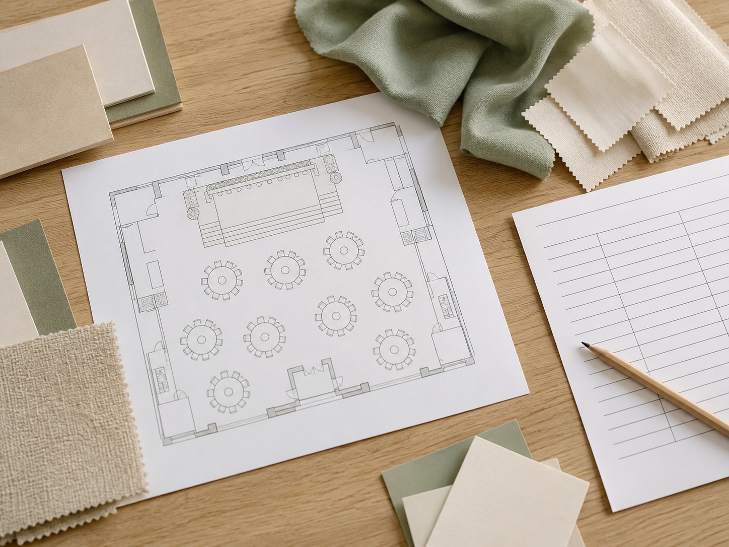 Planning illustration with a sample room layout and material swatches.