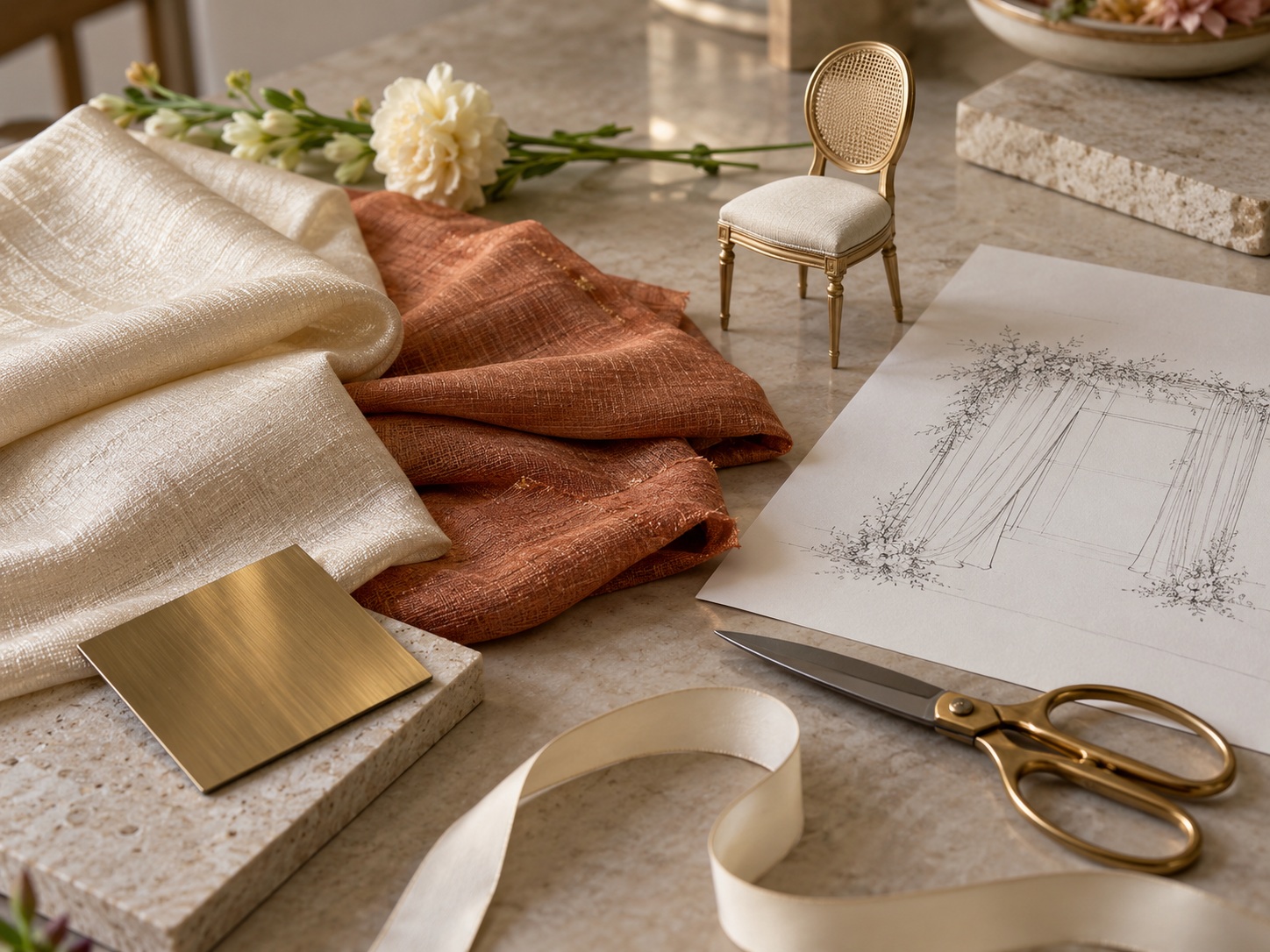 Illustrative décor concept with fabric and finish samples, a miniature chair and an entrance sketch.