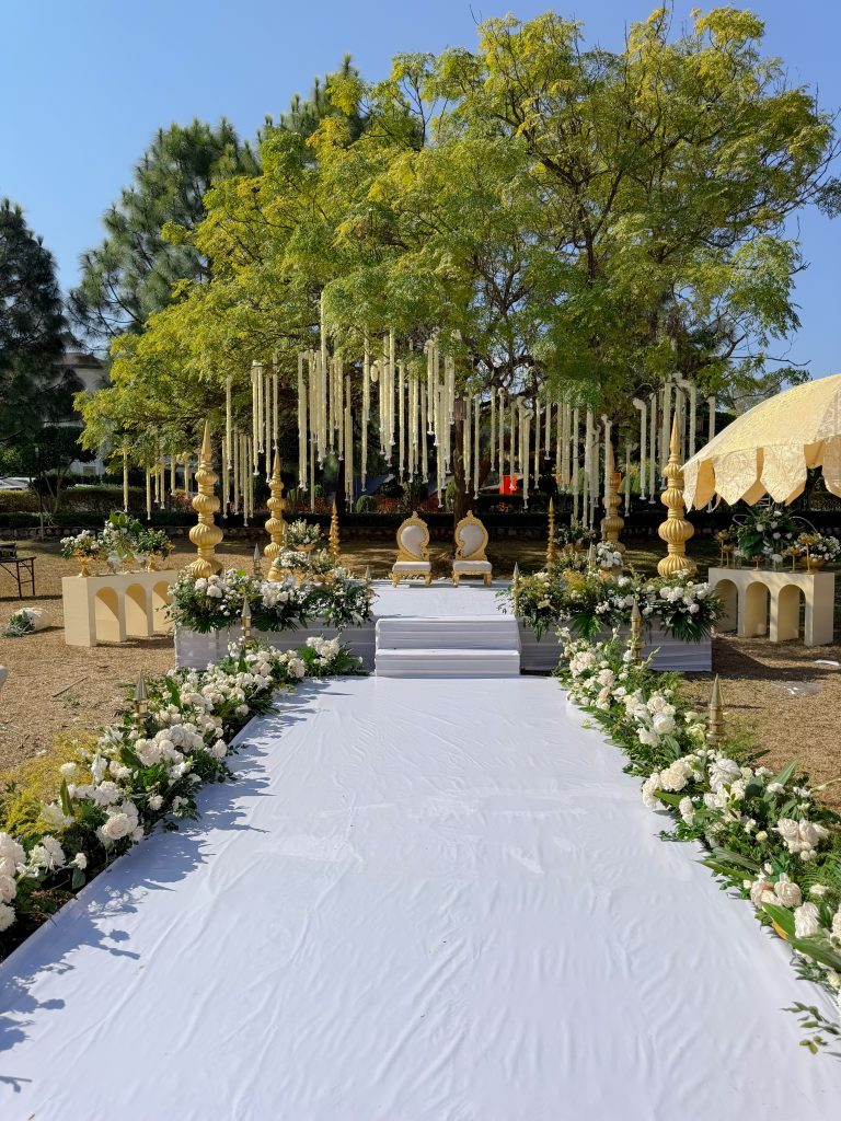 The complete aisle-to-stage view, with the garden tree and white floral strings framing the seats.